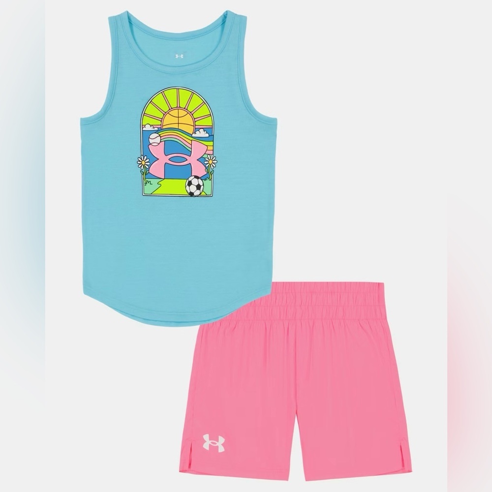 NEW Little Girl Under Armour Sports Blue Logo Tank & Pink Shorts Set